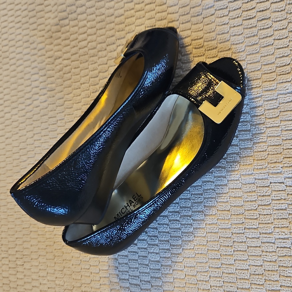 MICHAEL Michael Kors Black Patent Leather Peep-Toe Heels with Gold Accent